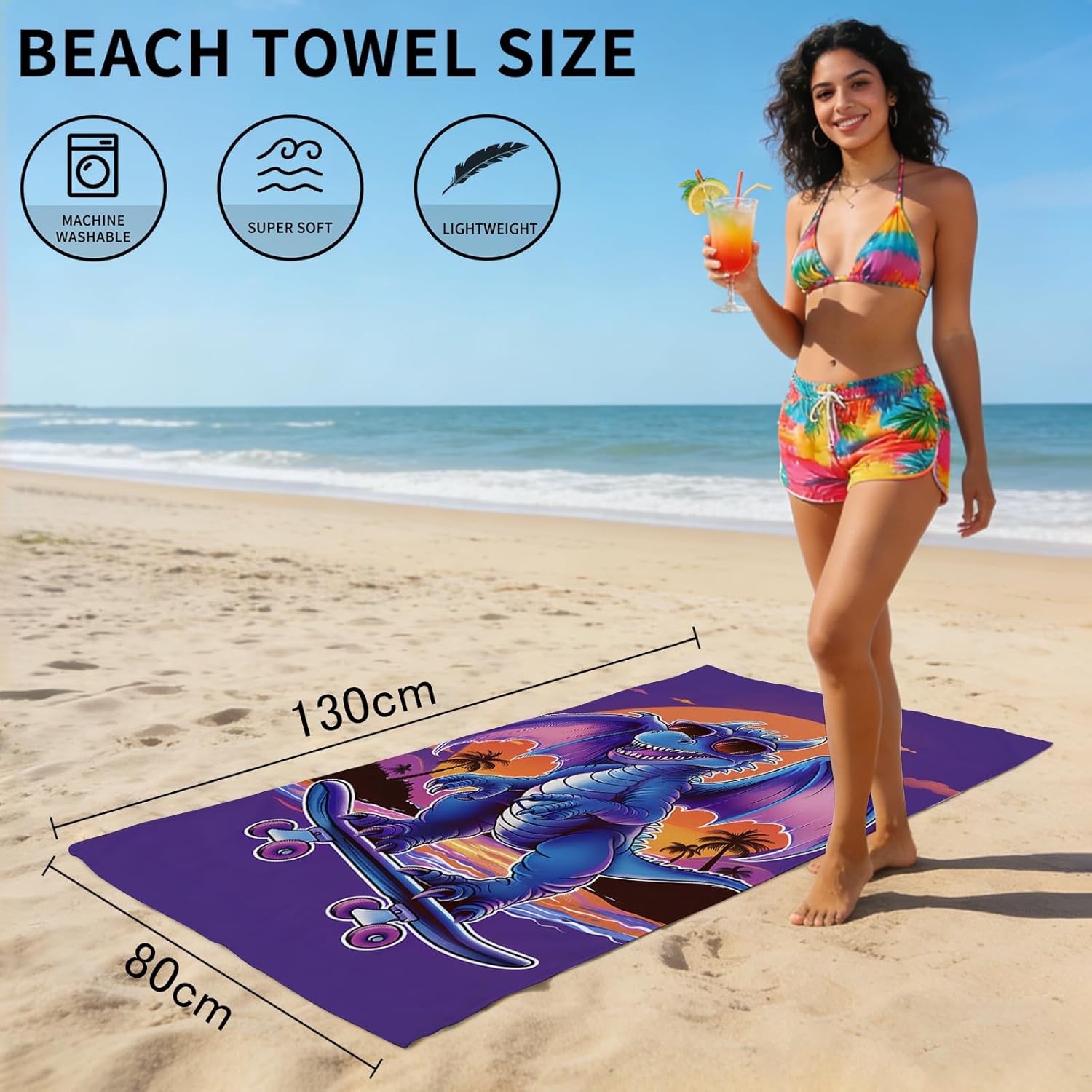 Dragons Beach Towel Blue Dragons Skateboarding Patterned Bath Towel for Kids Adults, Lightweight Quick Dry Purple Orange Sunset Palm Tree Surf/Swim/Pool/Travel Towels, Oversized 32x52