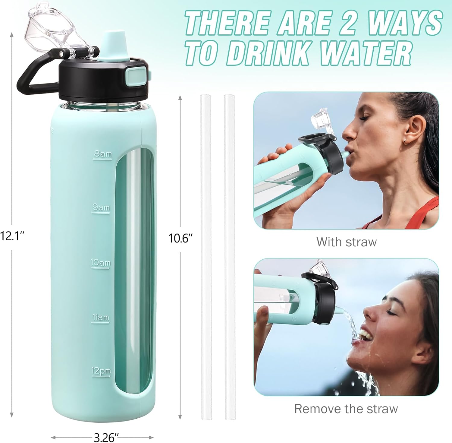 Kodrine 32 oz Glass Water Bottle with Straw and Carry Loop, One-Touch Leakproof Locking Lid, Reusable Drinking Bottle with Time Marker for Travel Home Gym Sports (light Blue) - Image 5