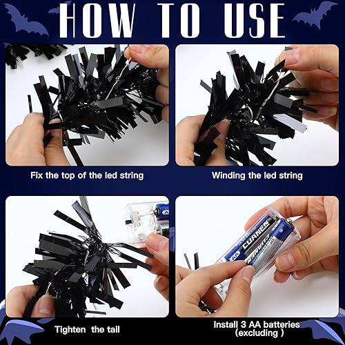 Vista 7 de Chuangdi Guirnalda de oropel de Halloween de 16.4 pies iluminada con 50 luces LED, funciona con pilas, decoración de oropel metálica colgante