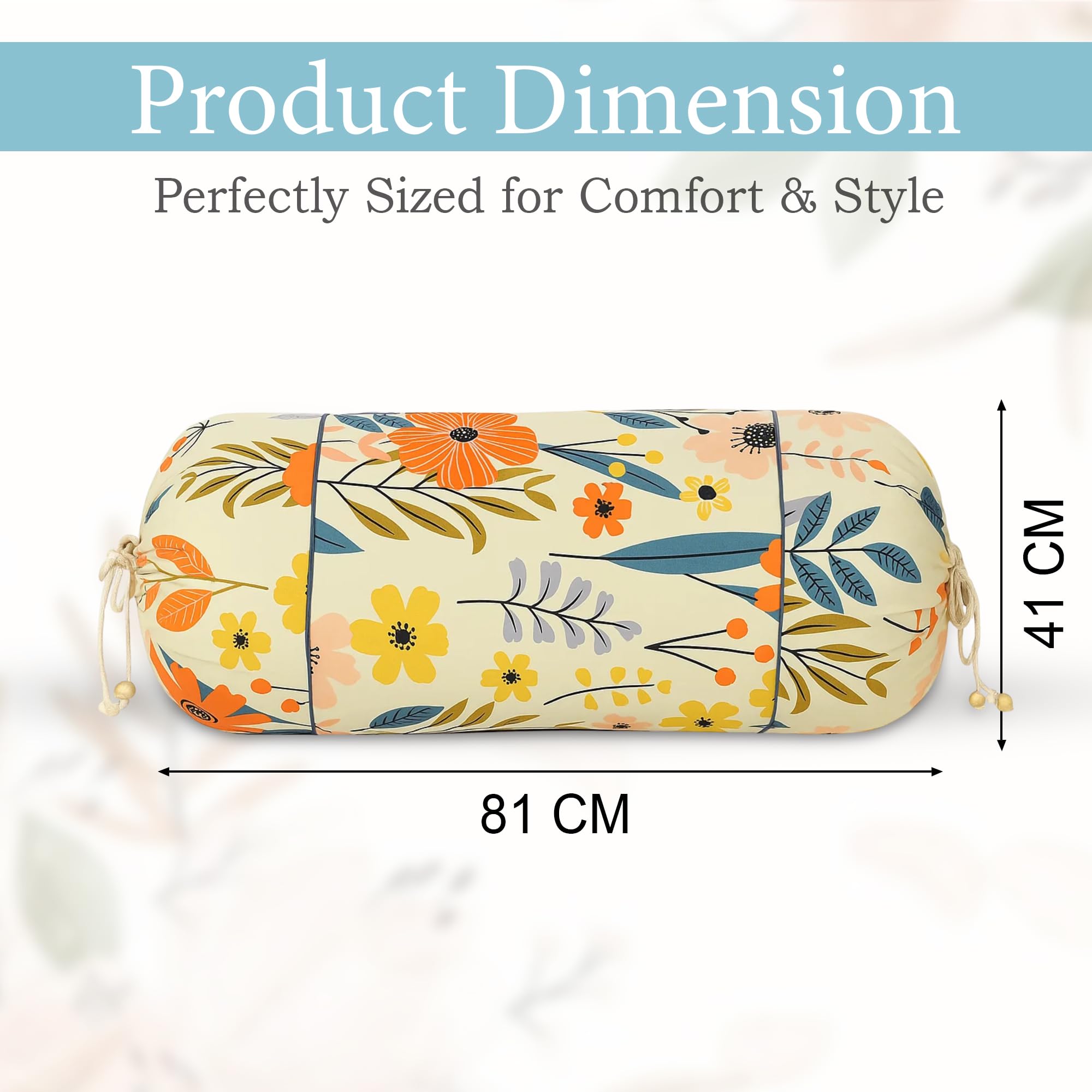 GLUN®Flower Print Cotton Bolster Cover Set of 2 | 16 x 32 Inches | Soft & Luxurious Decorative Bolster Pillow Covers for Sofa, Bed & Living Room | Cream 2