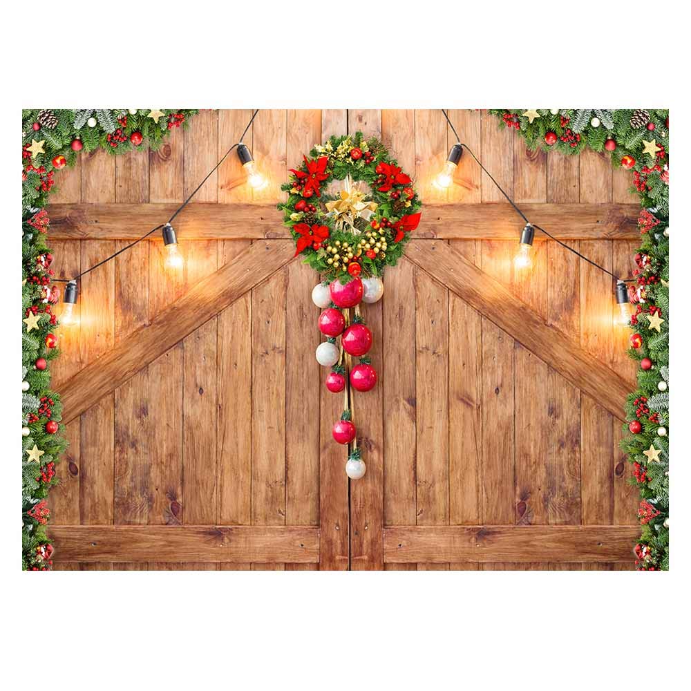 Funnytree 7x5ft Rustic Christmas Barn Door Backdrop for Photography Merry Xmas Wood Texture Board Wall Floor Party Background Holiday Baby Portrait Photobooth Banner Decorations Photo Studio Prop