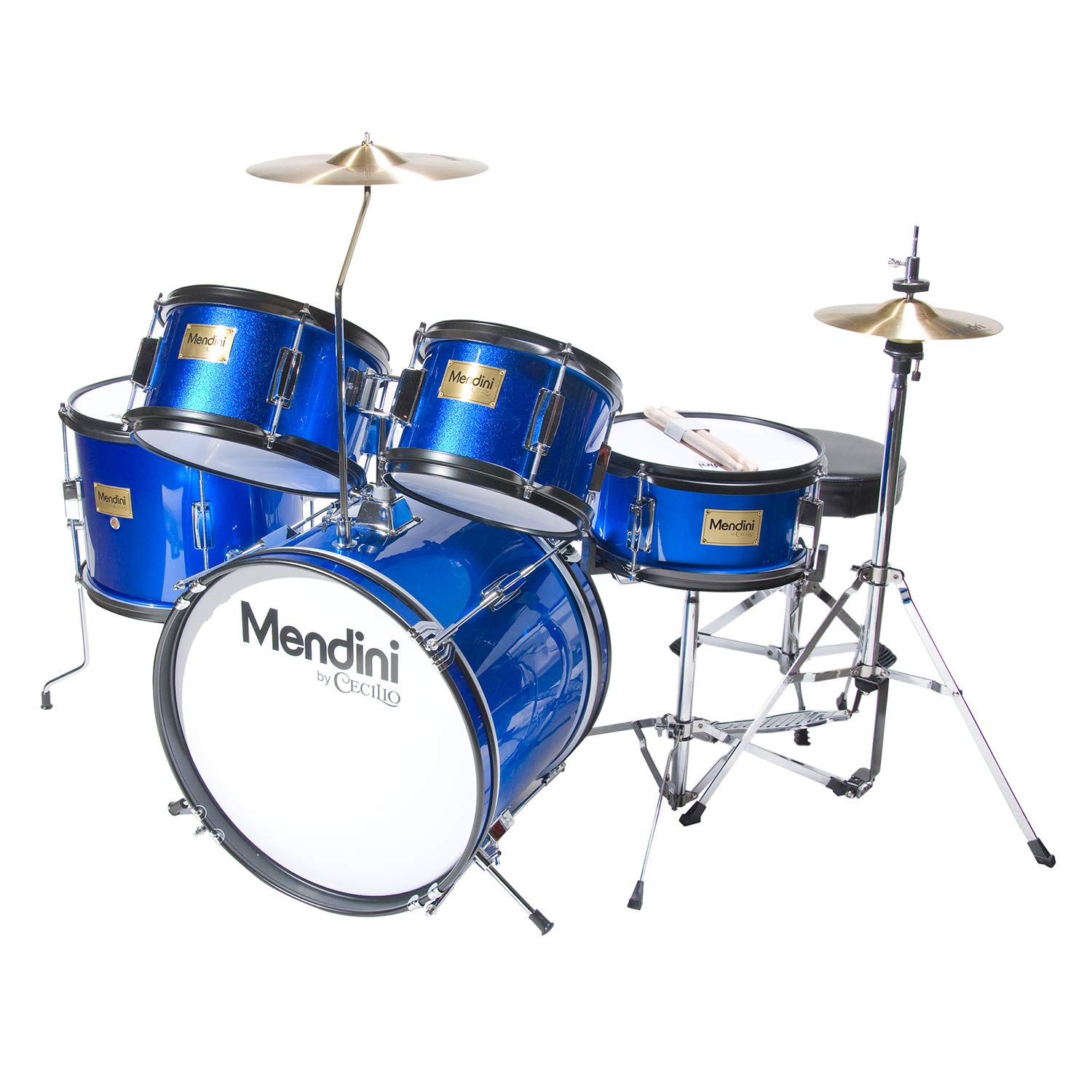 Mendini by CecilioKids Drum Kit – 16-Inch, 5-Piece Set w/Throne, Pedal & Drumsticks - Metallic Blue
