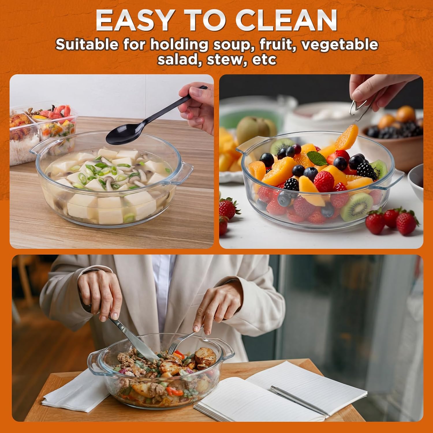 2 Pack 1.8 Quart Glass Casserole Dish with Lid, Mini Glass Baking Dishes for Oven, Round Covered Cookware for Kitchen Restaurant Home Party Reheatig Cooking, Microwaves, Oven Safe, Clear