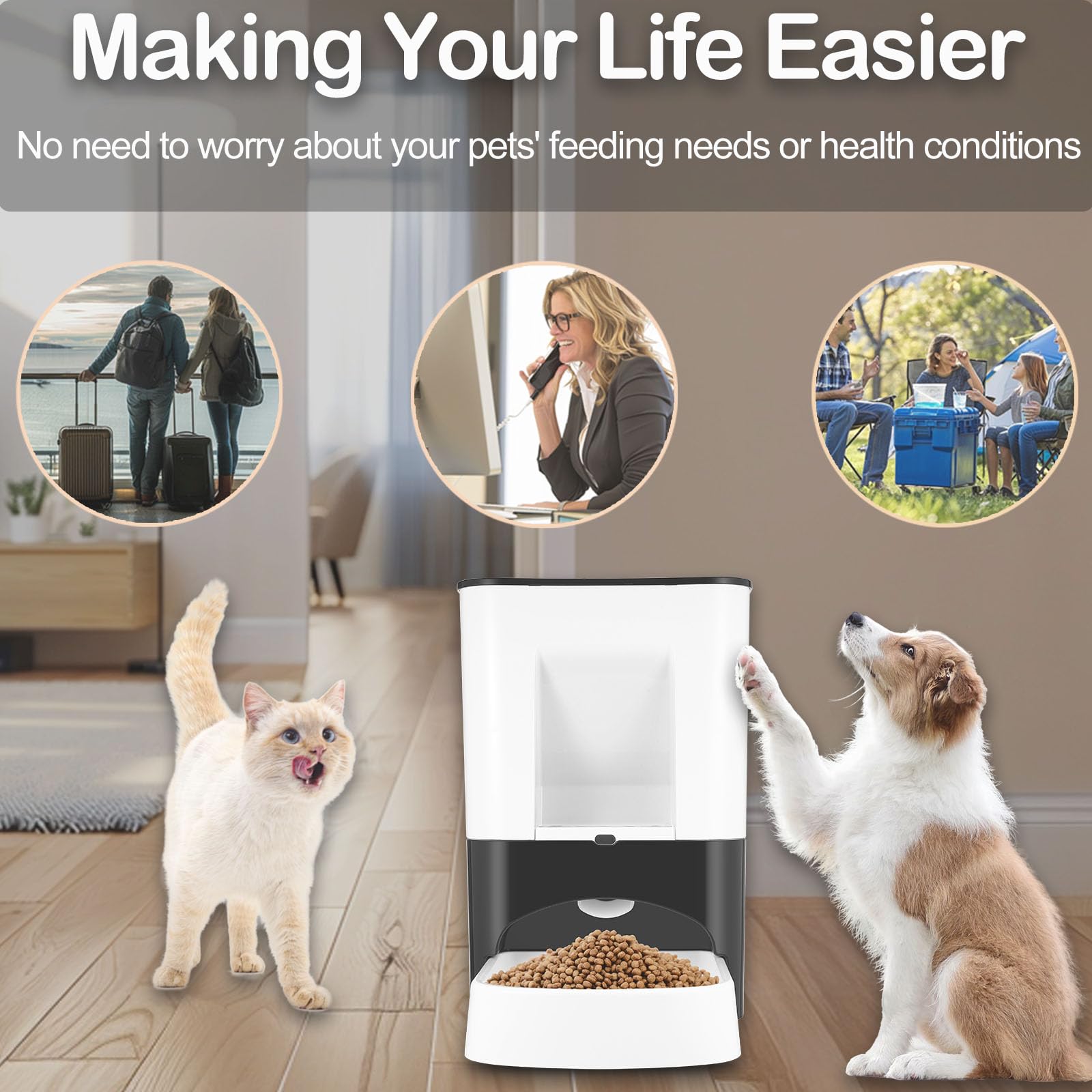 Comedero automático grande de 14 litros para razas grandes, dispensador de comida para mascotas con tapa de bloqueo, grabación de voz, doble potencia, almacenamiento a prueba de humedad