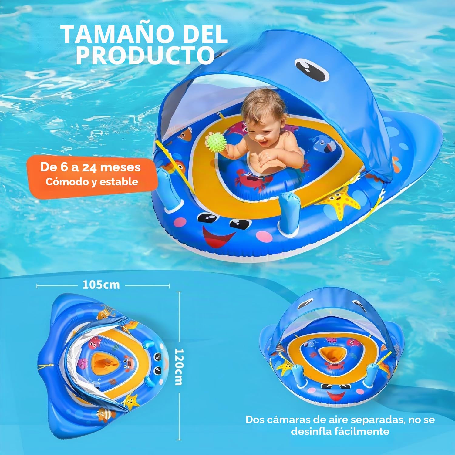 KAHEIGN Flotador de Piscina para Bebé con Toldo, 120CM x 105CM Flotador Inflable para Bebé Protección Solar UPF50+ con Asiento de Seguridad Ajustable para Recién Nacidos Niños Pequeños de 3 a 36 Meses
