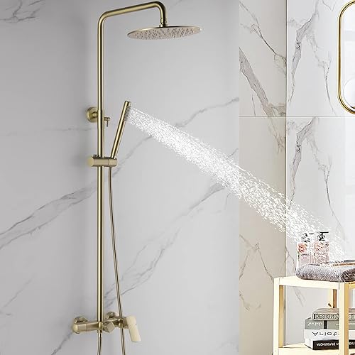 Miniatura 2 de RBROHANT Sistema de ducha expuesto de oro cepillado con boquilla de bañera, accesorios de ducha expuestos 3 funcionales con válvula de latón, altura