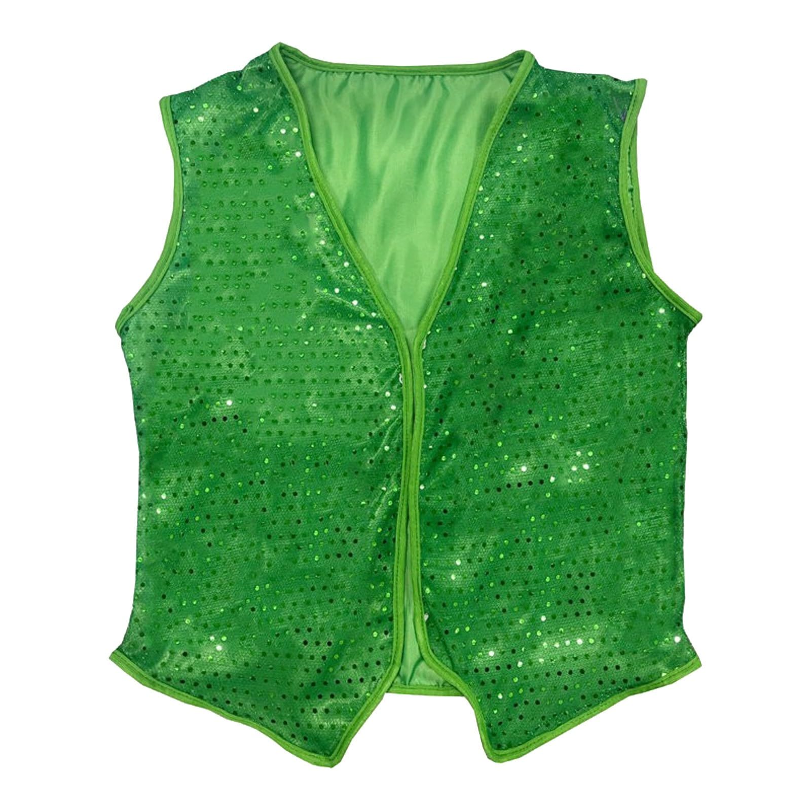 St Patrick Day Green Shamrock Sequin Vest Fancy Dress Party Leprechaun Costume for Women Irish Festival Performance Sleeveless Waistcoat for Stage Photo & Celebration Carnival Events One Size