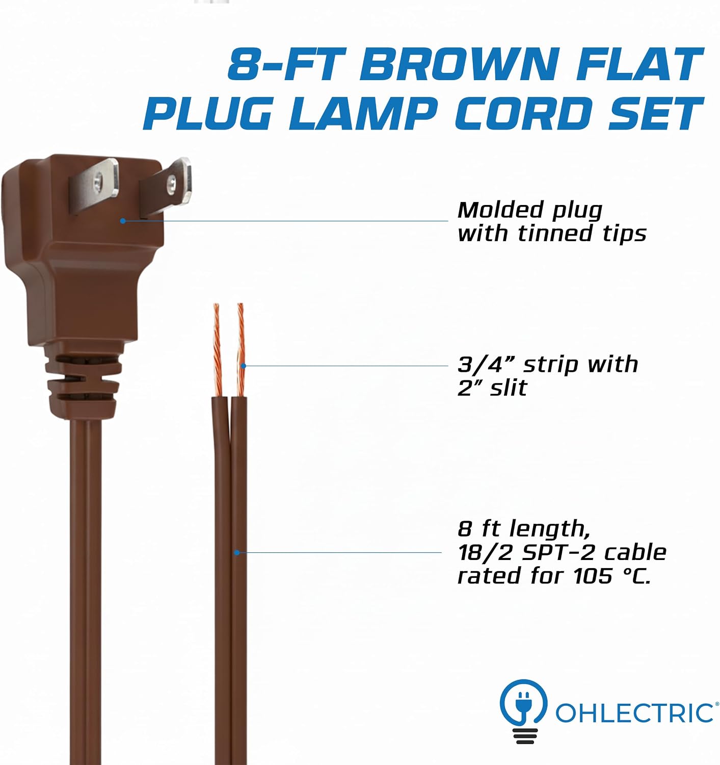 OHLECTRIC Lamp Lighting Cord with Switch Set – 8 Feet Flat Plug Extension Cord for Electrical and Lighting Appliances – 18/2 SPT-2 Wire Electrical Cord – Brown