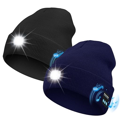 MOXTOYU Unisex Bluetooth Beanie with Light 2 Pack, USB Rechargeable LED Headlamp Hat, Christmas Stocking Stuffers Gifts Warm Knitted Cap for Parent Men Women Dad Mom Black&Blue