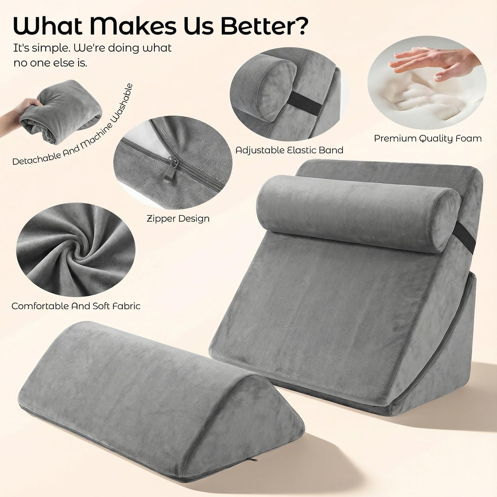 Set di 4 cuscini a cuneo in memory foam, cuscino letto e lettura regolabile in altezza, per divano e letto, lavabili in grigio