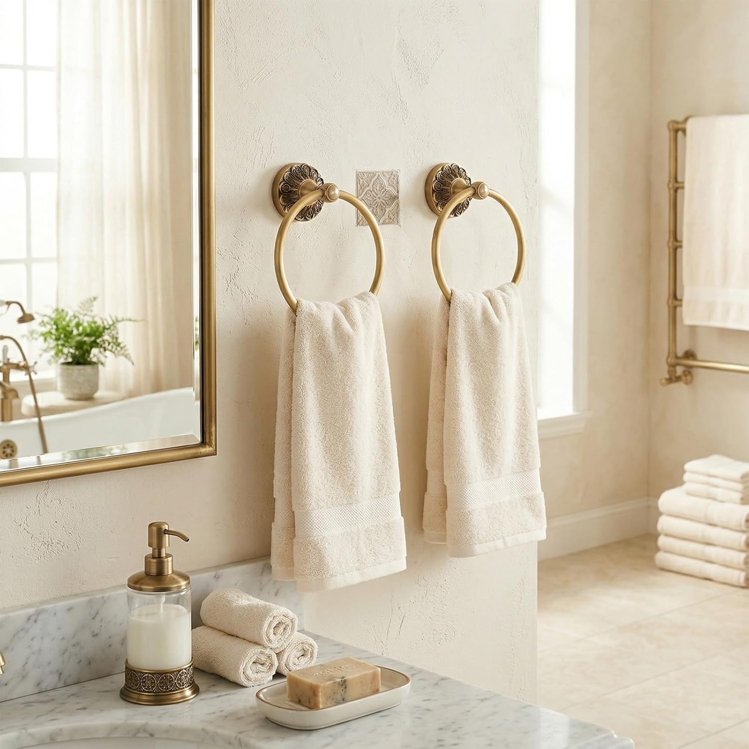 Hicarer 2 Pcs Brass Towel Ring Retro Gold Round Hand Towel Holder Wall Mounted Vintage Decorative Bathroom Accessories Brass Floral Carved Series for Bathroom Kitchen Accessories Handmade