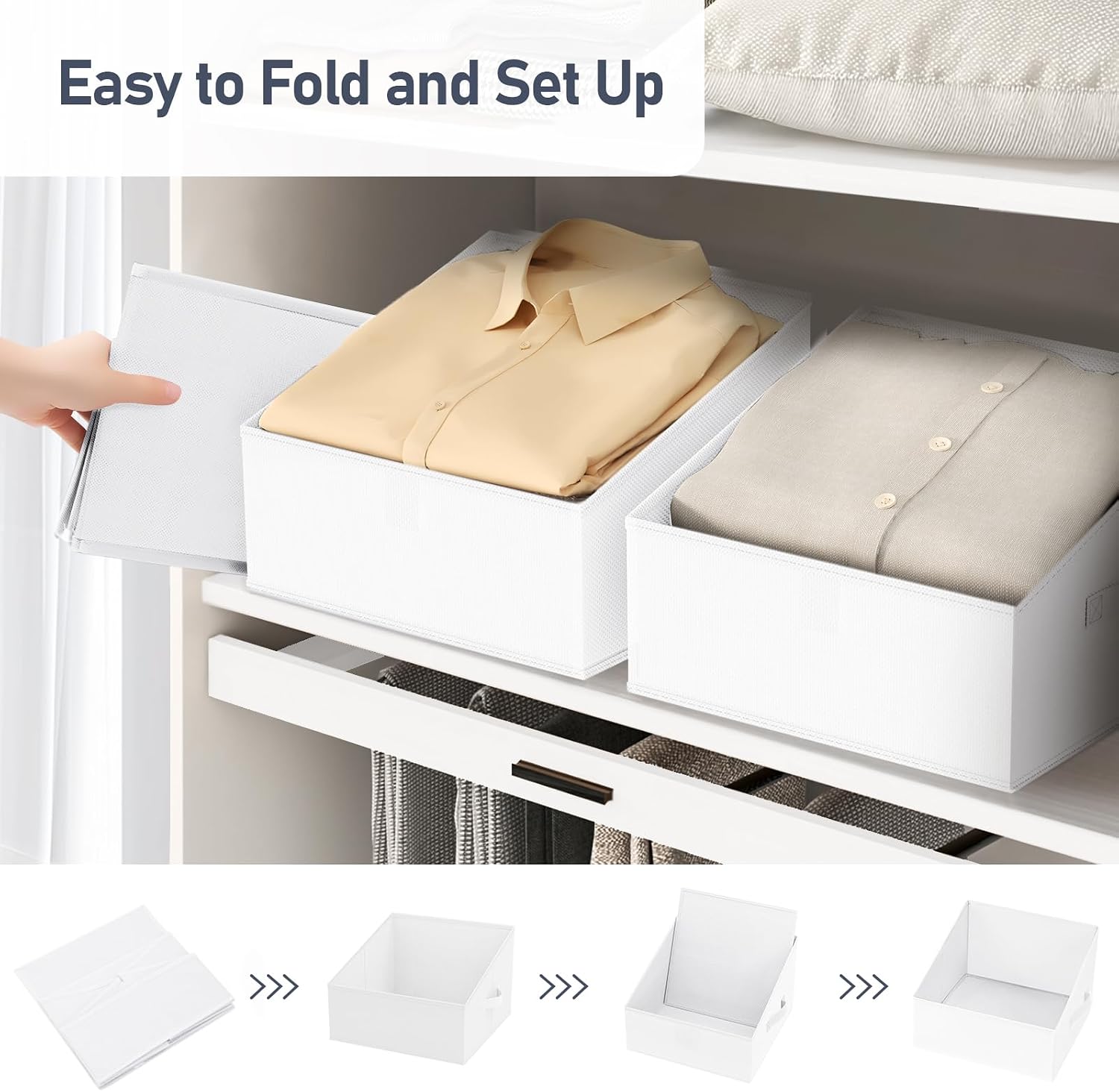 DIMJ Closet Storage Bins 6 Pack - Fabric Trapezoid Organizer Bin, Foldable Storage Baskets for Shelves, Closet Shelf Organizer, Clothing Storage Box for Toys, Books, Towel, Clothes, White image 5
