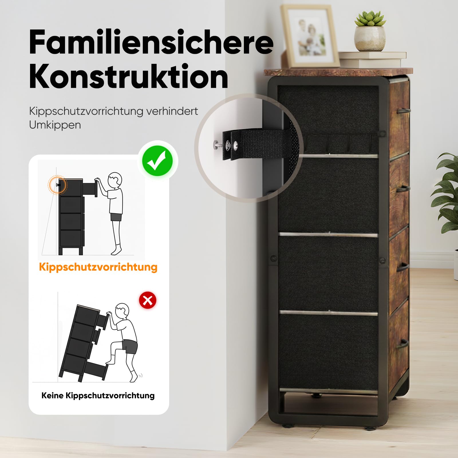ODK Dressoir voor slaapkamer met 4 opbergladen, kleine ladekast van stoffen lades met stevig stalen frame, houten blad, zwart