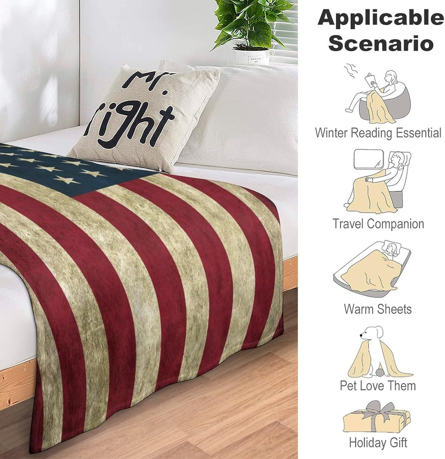 American Flag Fleece Blanket Super Soft Cozy Throw Blanket Twin 60x80inch, Lightweight Fuzzy Comfy Textured Flannel Blanket Warm Plush Throw Blankets for Couch, Sofa, Bed