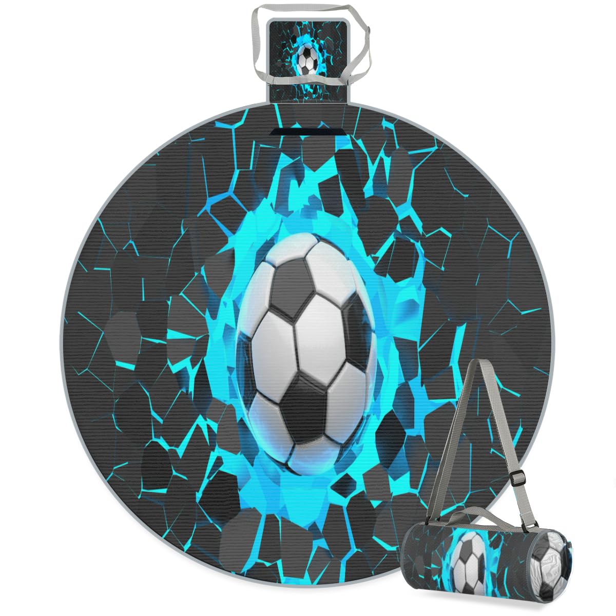 Shimoshe 3D Light Wall Football Picnic Outdoor Blanket Foldable Waterproof Sandproof Beach Blanket Portable Water-Resistant Round Picnic Mat for Travel Camping Park Lawn