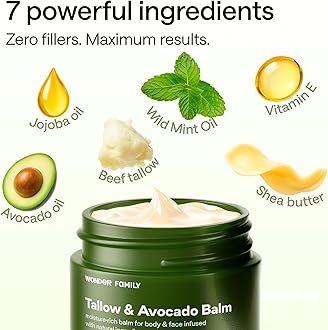 Beef Tallow & Avocado Balm for Skin & Face – Grass-Fed Beef Tallow with Avocado, Jojoba & Shea – Deep Moisturizer for Dry Skin – Includes Wooden Spatula & Pouch – For Men & Women