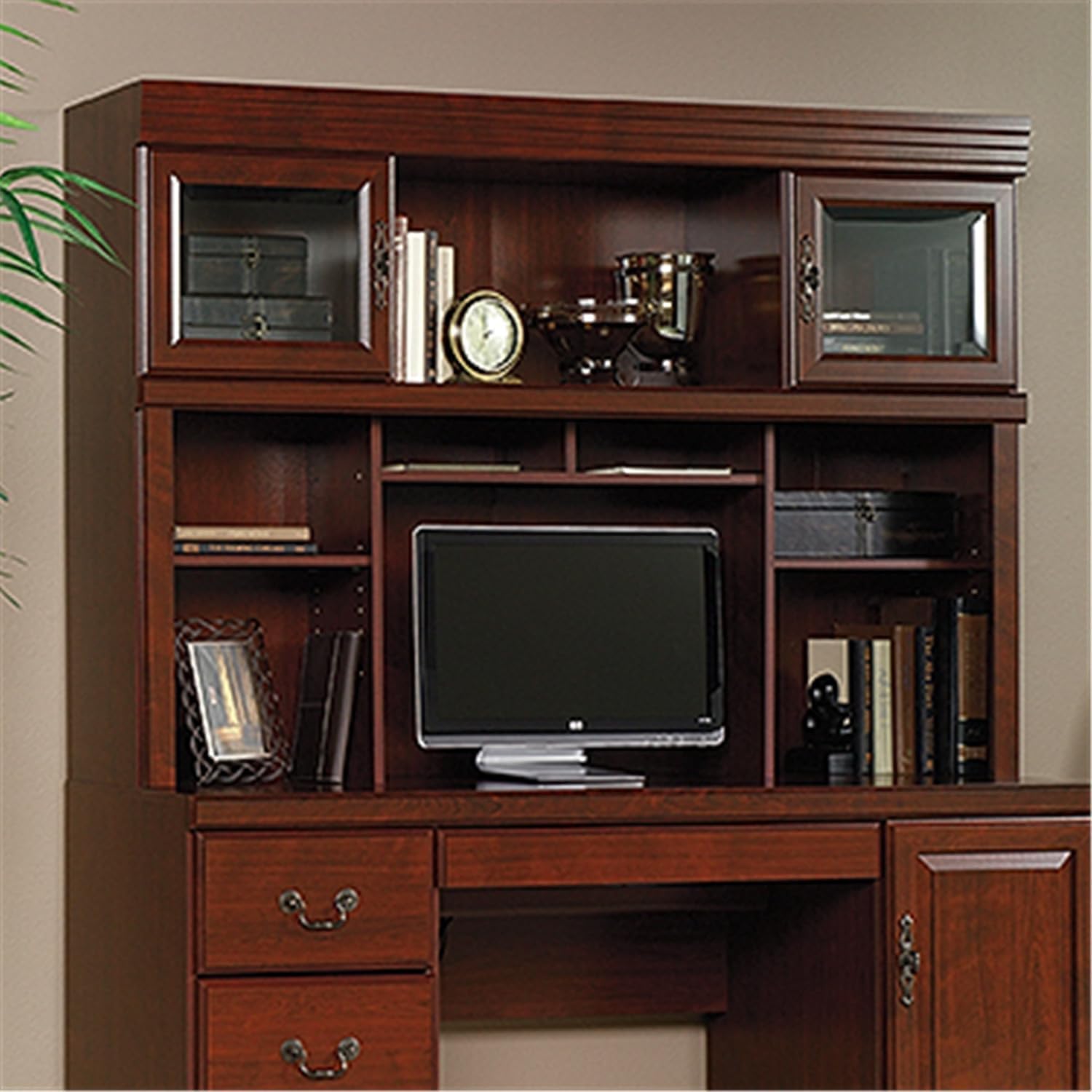 Maykoosh Timeless Trends Hutch - 12.95" D X 59.06" W X 41.1" H, Classic Cherry Finish, Adjustable Shelf with 2 Doors, Cubbyhole Storage, Two Framed, Safety-Tempered Glass Doors - Length:182