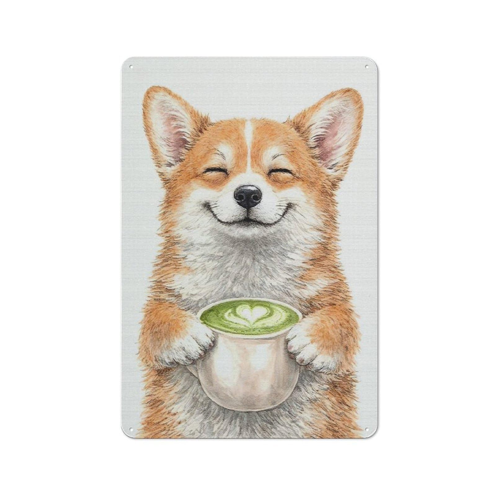 Junmoney Style-18 Happy Corgi With Matcha Latte Cottage Style Metal Wall Decor 30X20cm, Tin Wall Plaque For Kitchen, Cottage, Porch Or Garden Room