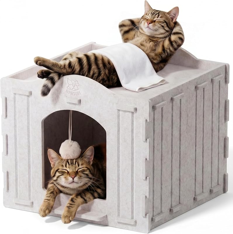 Cat Bed Cave for Indoor Cats: New Felt Cat Bed with Fluffy Ball, Foldable Cat House with Scratch-Resistant Board, Hideaway Cat Cave for Timid Cats, Sturdy Two-Tier Cat Condo & Cat Houses
