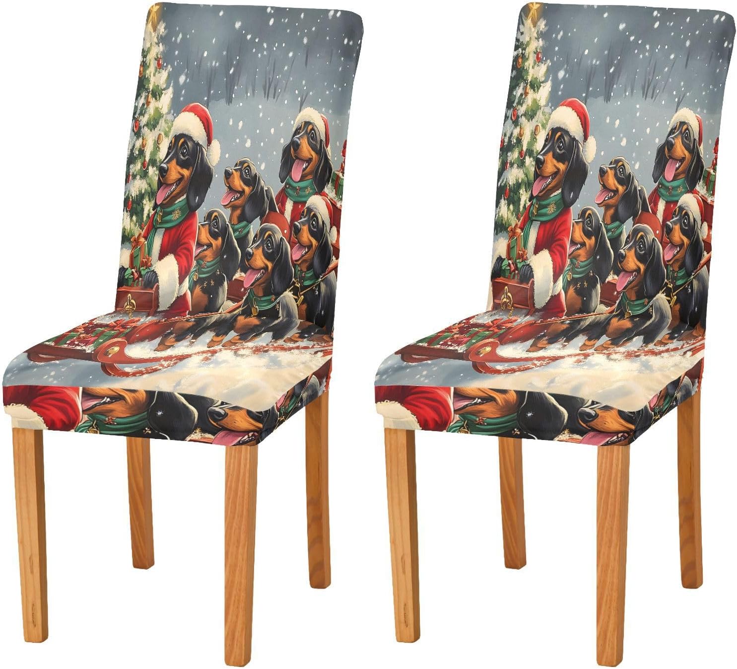 ALAZA Chair Covers for Dining Room, Dachshund Pull Sleigh Stretch Chair Cover Sets Chair Protector Removable Washable for Ktichen Restaurant Hotel