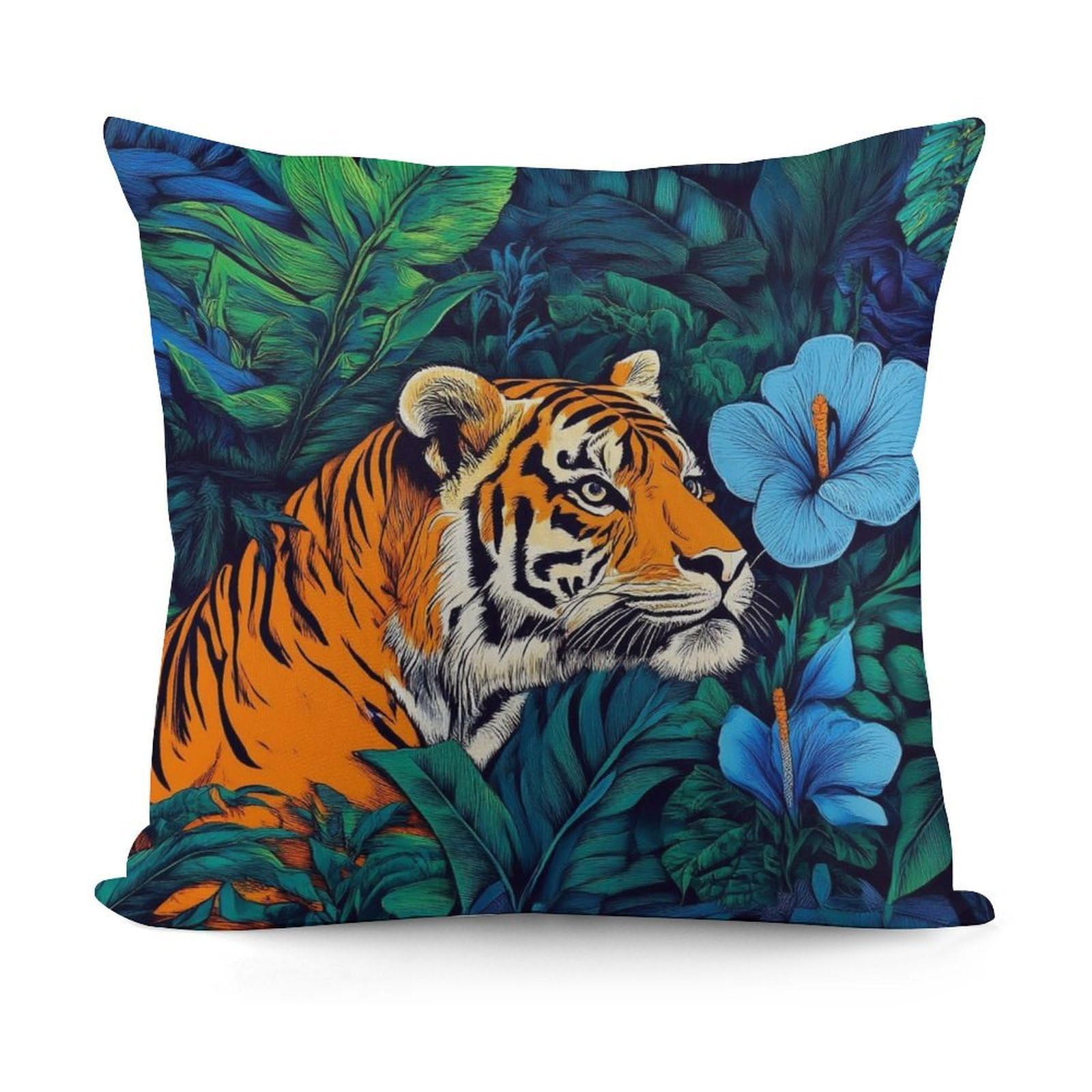 Smazdfxx Picture(710) Plush Pillow Cover With Zipper For Living Room,Bedroom, Sofa Tropical Wild Animals Tigers Leaf Green Couch Cushion Decorative