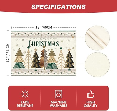 Miniatura 6 de Artoid Mode Juego de 4 manteles individuales de Navidad con diseño de árboles de Navidad, 12 x 18 pulgadas, para decoración de fiestas, cocina,
