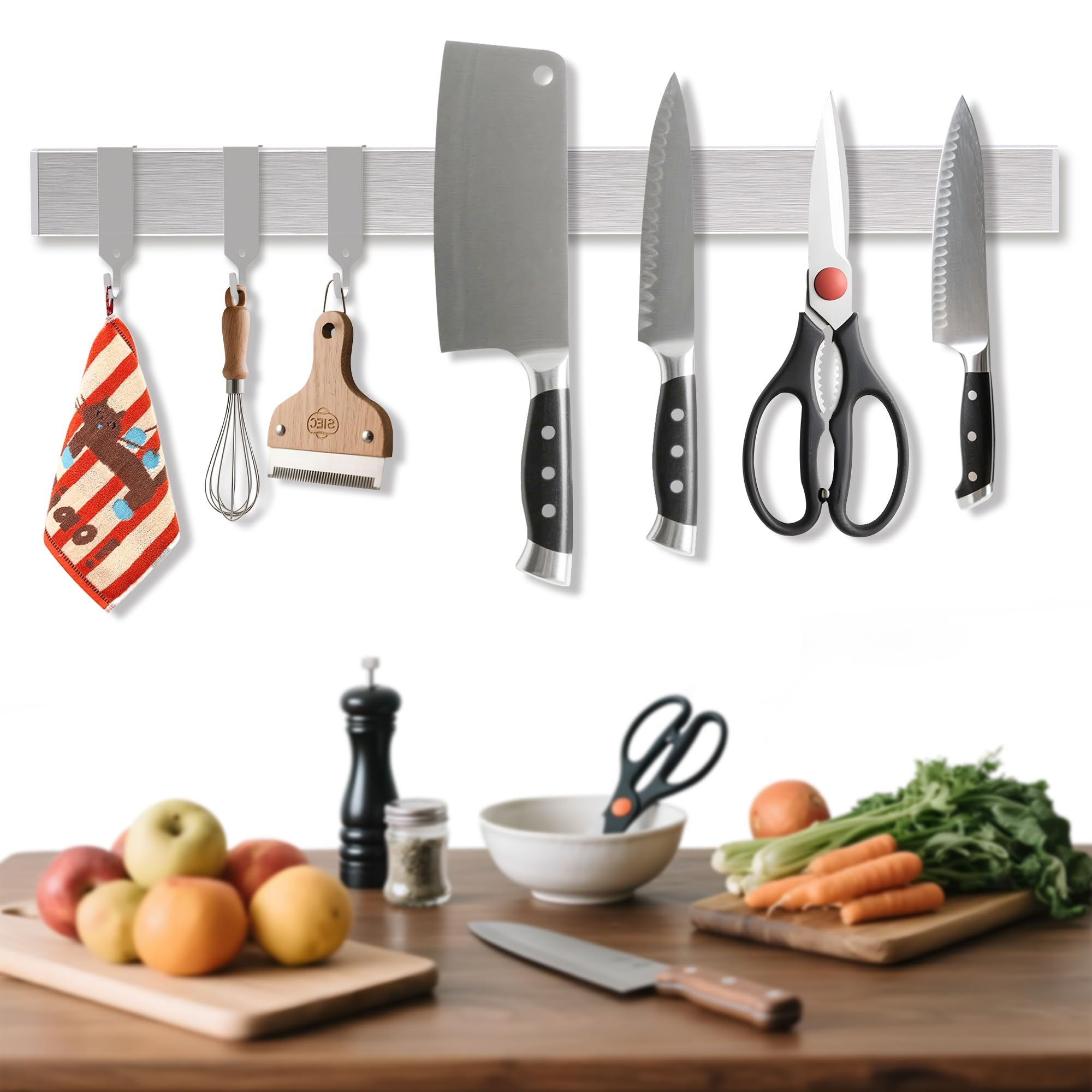 19 Inch Magnetic Knife Holder with Hooks, Strong Wall Mount Magnetic Knife Rack for Kitchen, Black Stainless Steel Knife Strip Organizer for Utensils, Spoons, Forks