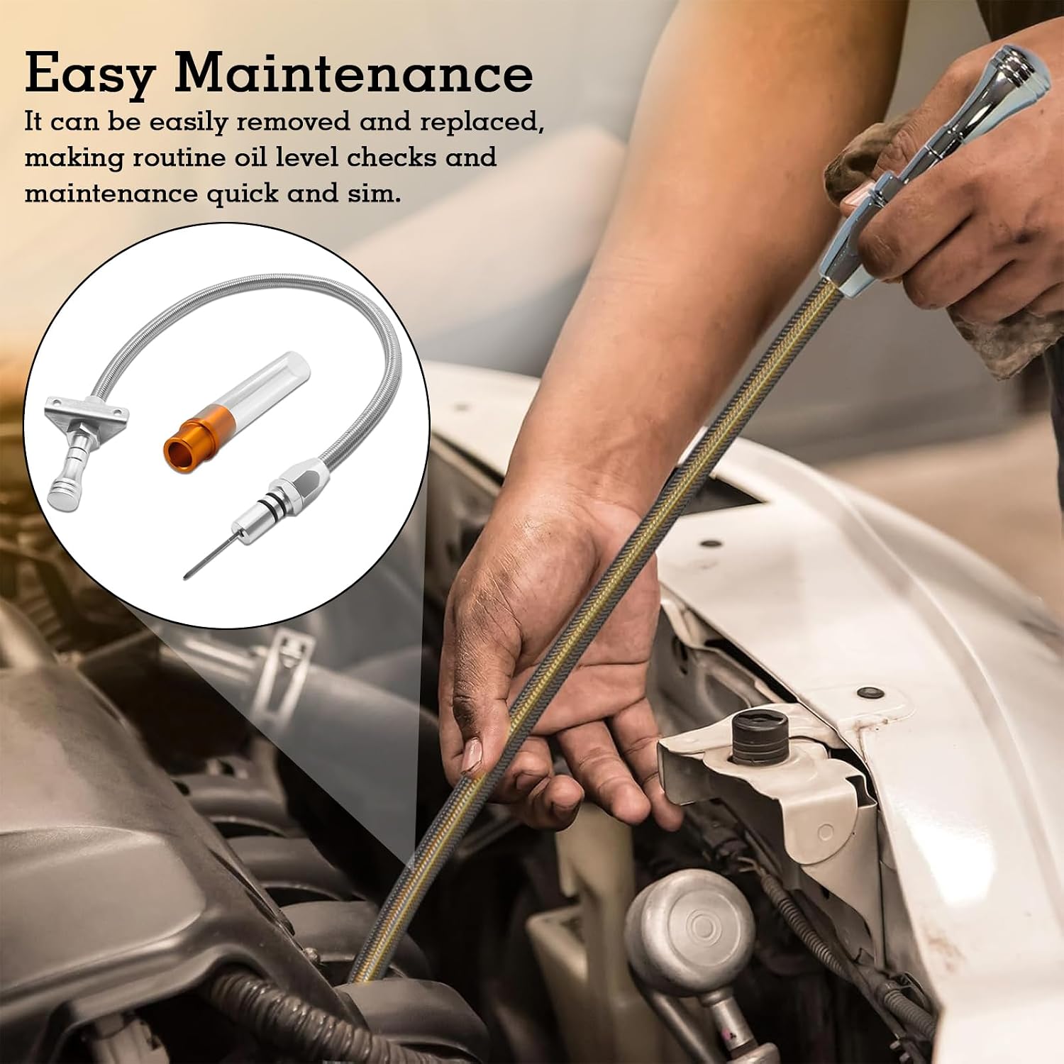 29.5 inch Silver Stainless Transmission Dipstick Tube Fit for GM TH350/TH400 Dipstick Turbo 350/400, with Firewall Mounted Stainless Steel Braided Hose