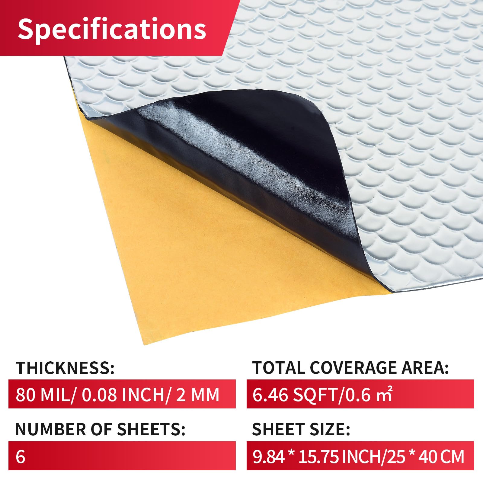 2mm 6 pezzi 40×25cm, fonoassorbente Alubutyl autoadesivo per auto, Isolamento acustico e protezione dal rumore per veicoli (0,6㎡)