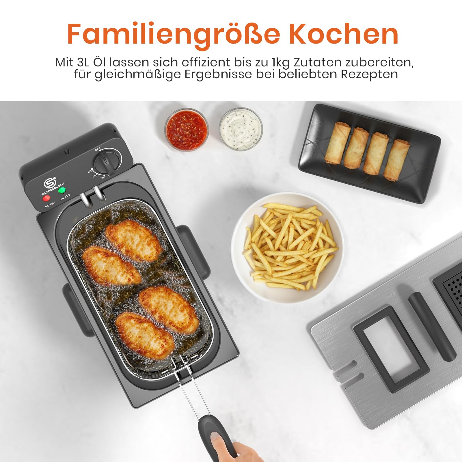 Fritteuse Elektrische 2000W Edelstahl Fritteuse mit Öl 3L | Antihaft Beschichtung Einstellbare Temperaturkontrolle 130-190°C Überhitzungsschutz Kaltzonen Funktion Leicht Zu Reinigen