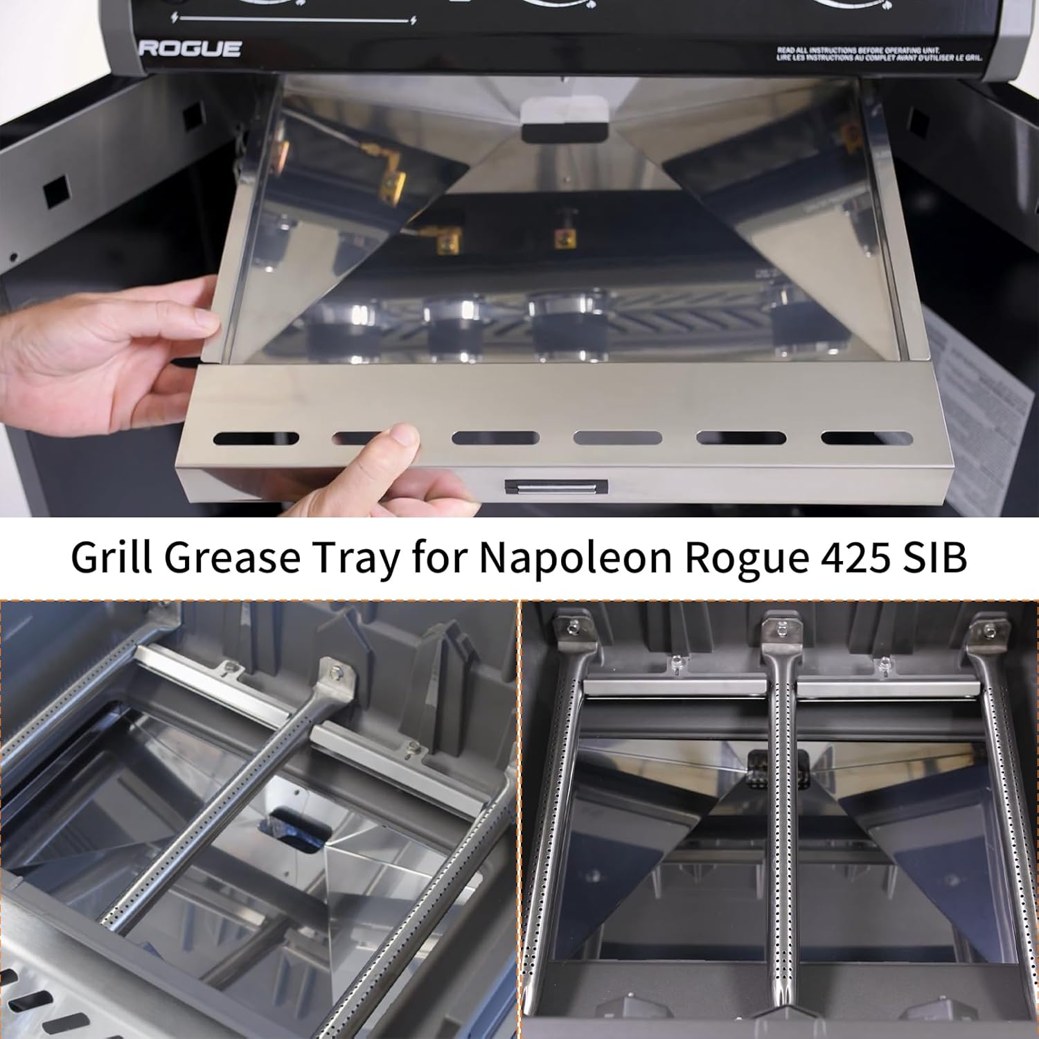 N710-0096 Grill Drip Pan for Napoleon Rogue 425 SIB Stainless Steel Grease Tray Replacement Parts for Napoleon R425SIB Legend LD3 (Double Door Cab) BBQ Grill Accessories
