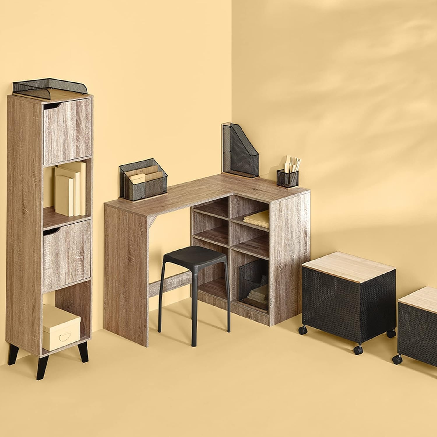 Desk in a home office setting with accessories