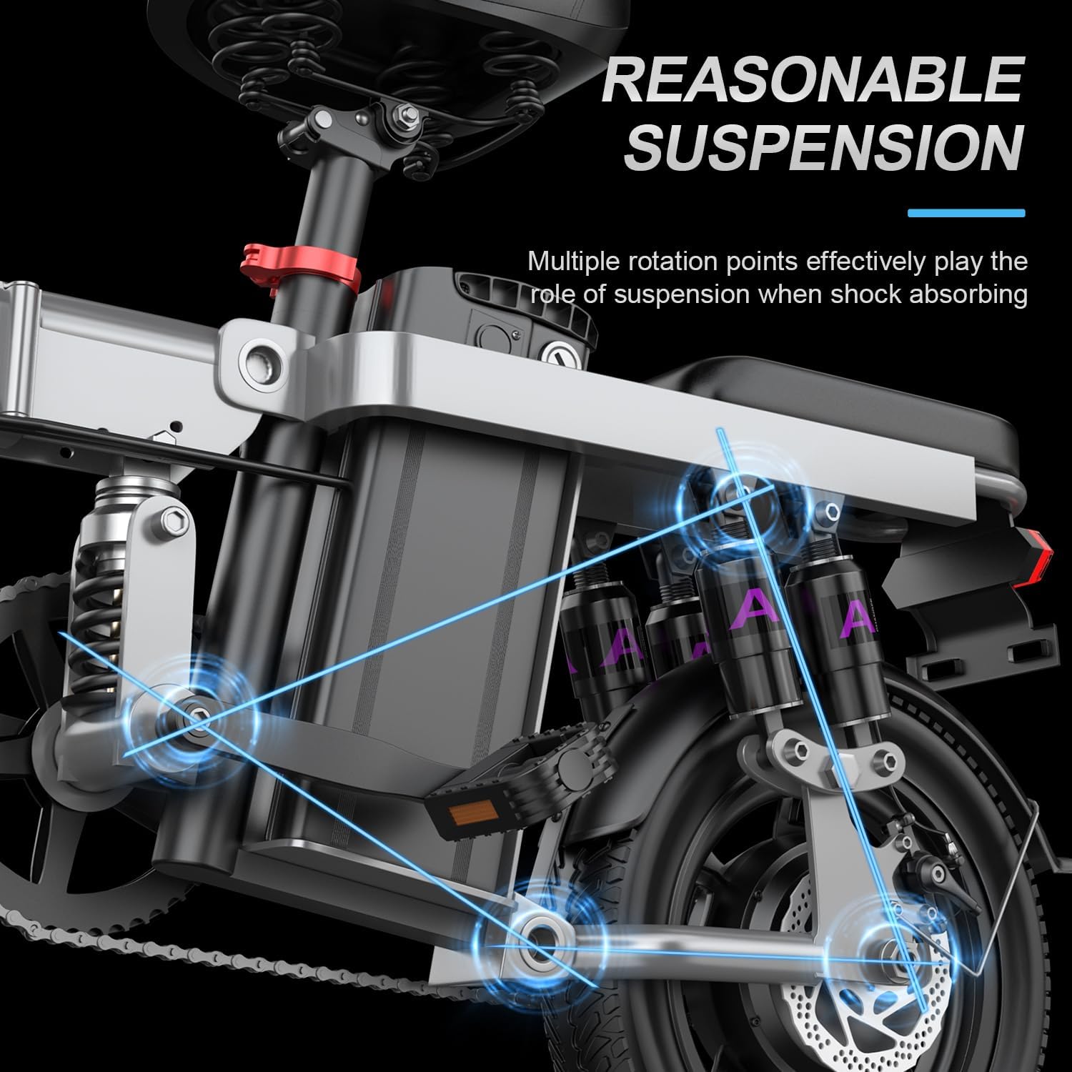 Heavy-Duty Foldable Electric Bike for Adults with 7 Shock Suspension, 500+ lbs Capacity, 740W Motor, 25MPH, 720Wh Battery, 20-Mile Range, 14“ Fat Tires Commuter Bicycle for Road & Mountain Riding