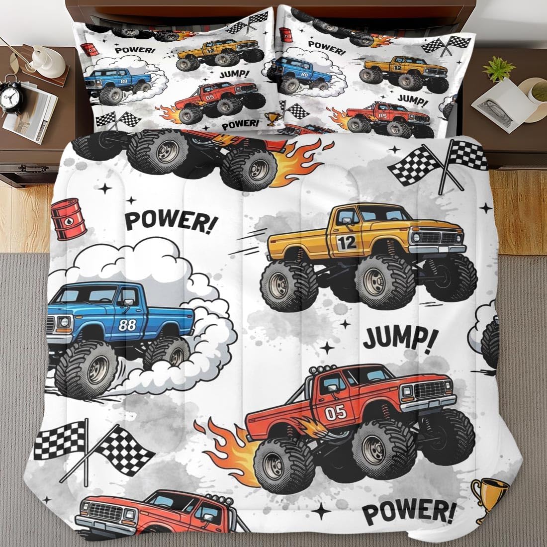 Trucks Car Race Comforter Set for Boys Kids Toddlers Teens Adults Twin, Cool Vehicle Wheel Bedding Sets Water Washed Microfiber Bedding with 1 Comforter 1 Pillowcase All Season