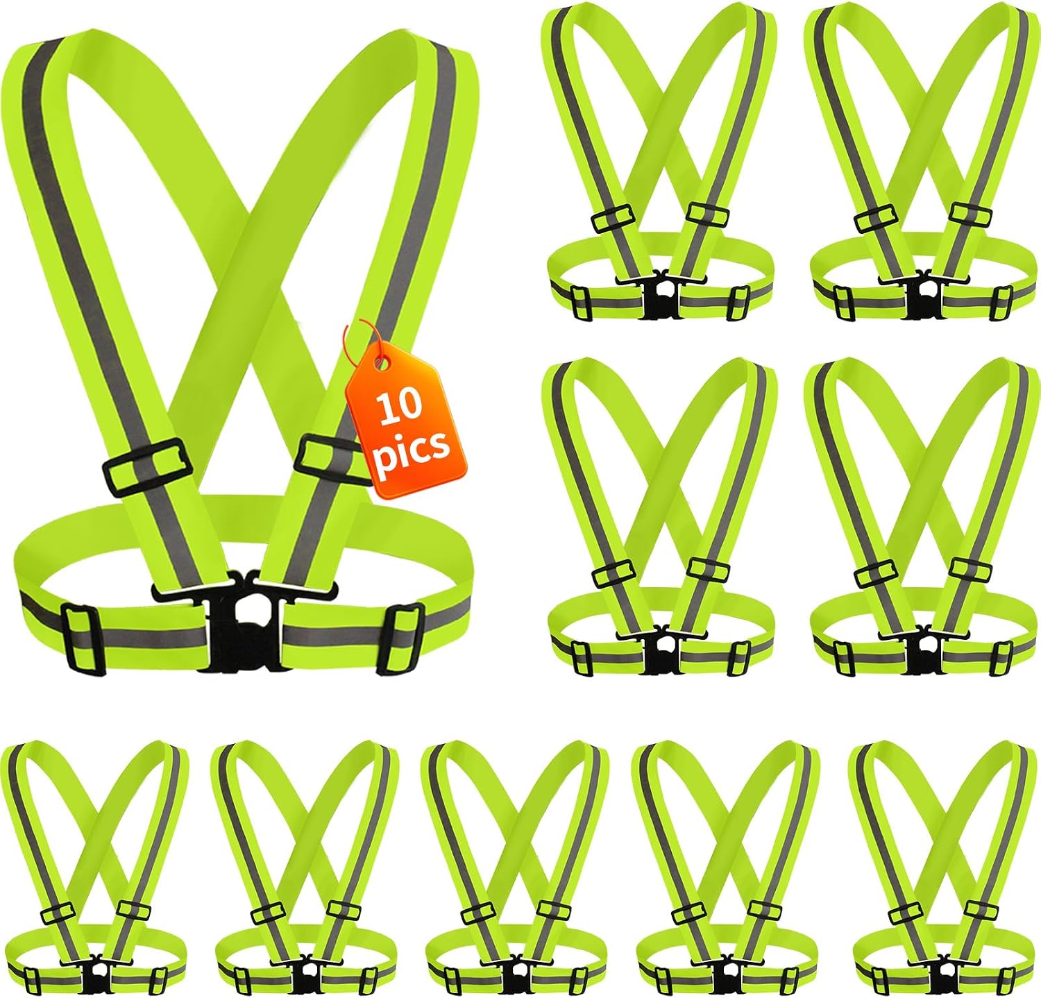 10 Pack Reflective Safety Vest High Visibility Vests, Adjustable Running Gear Straps Lightweight Reflector for Construction