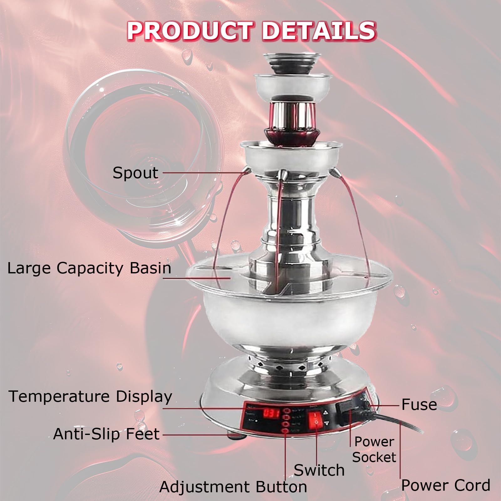 Fuente De Fiesta De 3 Niveles, Máquina De Fuente De Vino De 120 W, Ajuste de Temperatura de 0-100°, para Bebidas de Vino, Ideal para Bares y Bodas