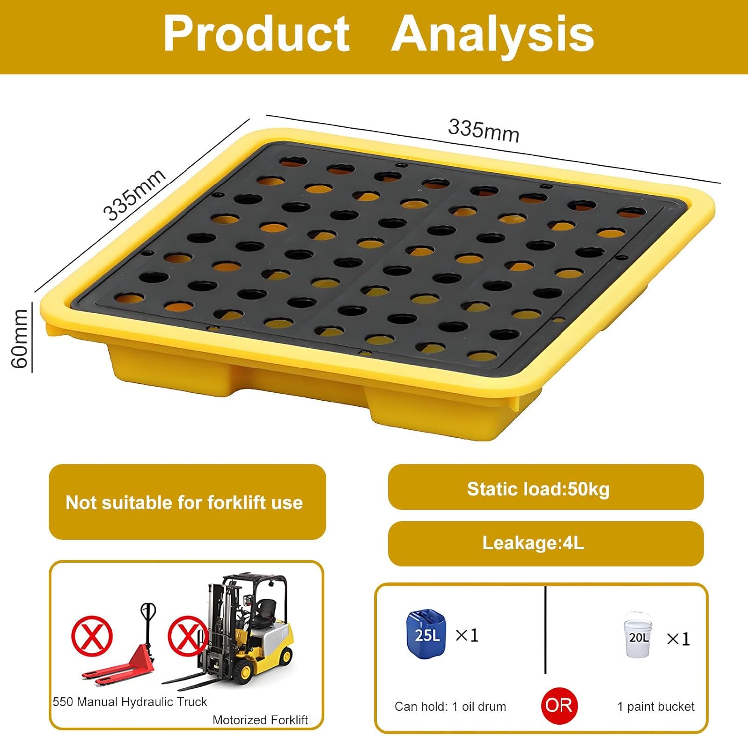 Modular Spill Containment Pallet - Leak-Proof Plastic Drum Platform for Industrial Use Oil Drum Holding & Spill Management 335mm x 335mm x 60mm - Efficient & Safe Solution