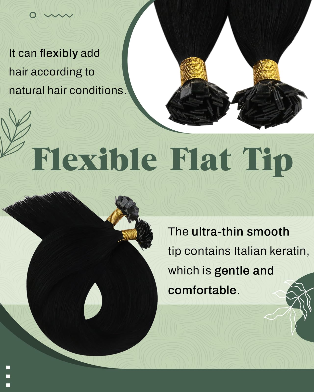 Ugeat Black Flat Tip Hair Extensions Real Human Hair Black Keratin Hair Extensions Real Human Hair Add Volume and Length 16 Inch 50G 50S - Image 2