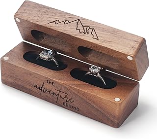 Wedding Ring Box, Engraved Wooden Ring Box for Wedding Day, Slim Engagement Ring Holder Box with 2 Slots, Proposal Ring Bearer Box, Vintage Solid Wood Jewelry Gift Case for Ceremony, Christmas