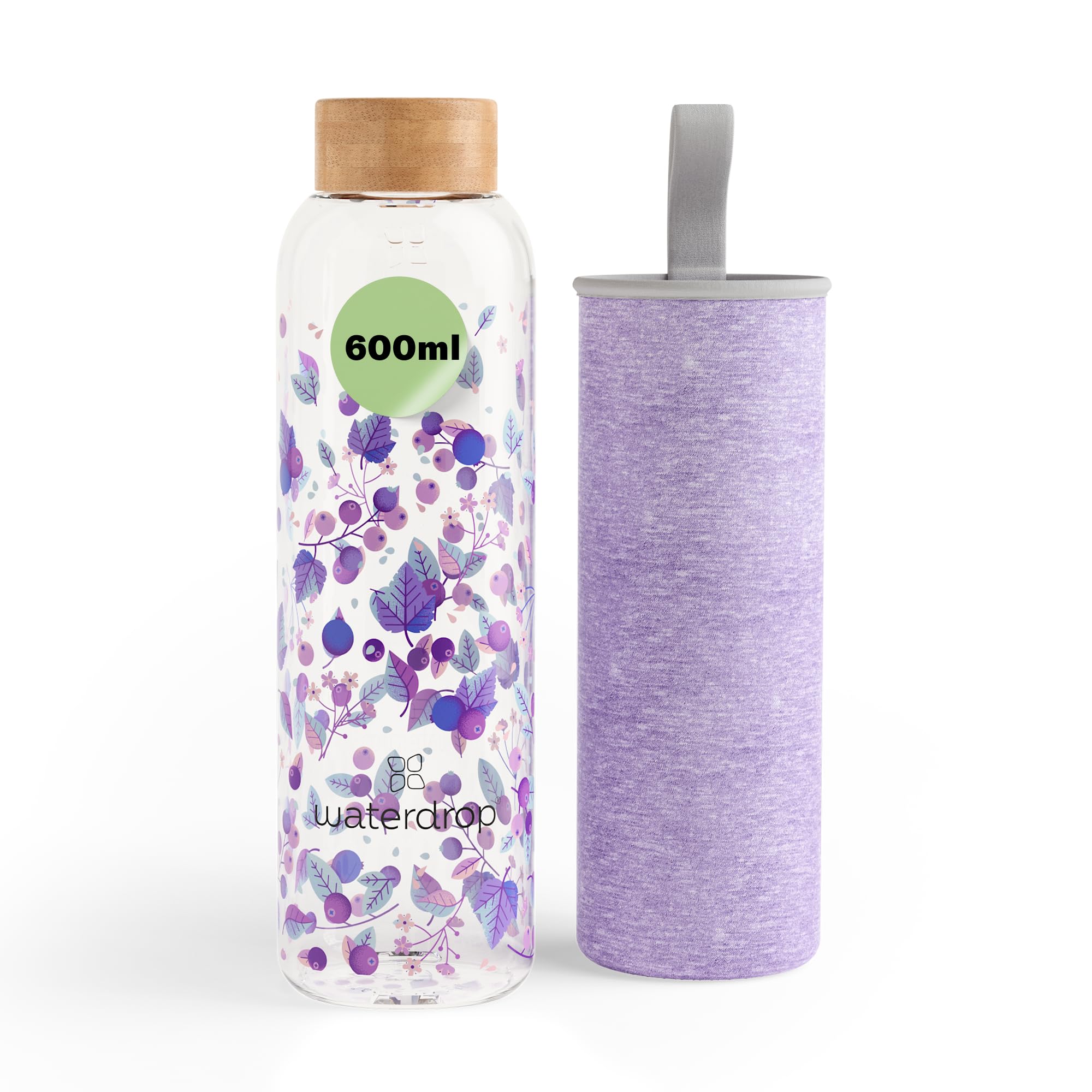 waterdrop® Borraccia in Vetro 600ml – Borraccia Personalizzata con Tappo in Bambù, Custodia Neoprene, Antigoccia, BPA Free – Borracce Design per Sport, Ufficio, Viaggio, Casa