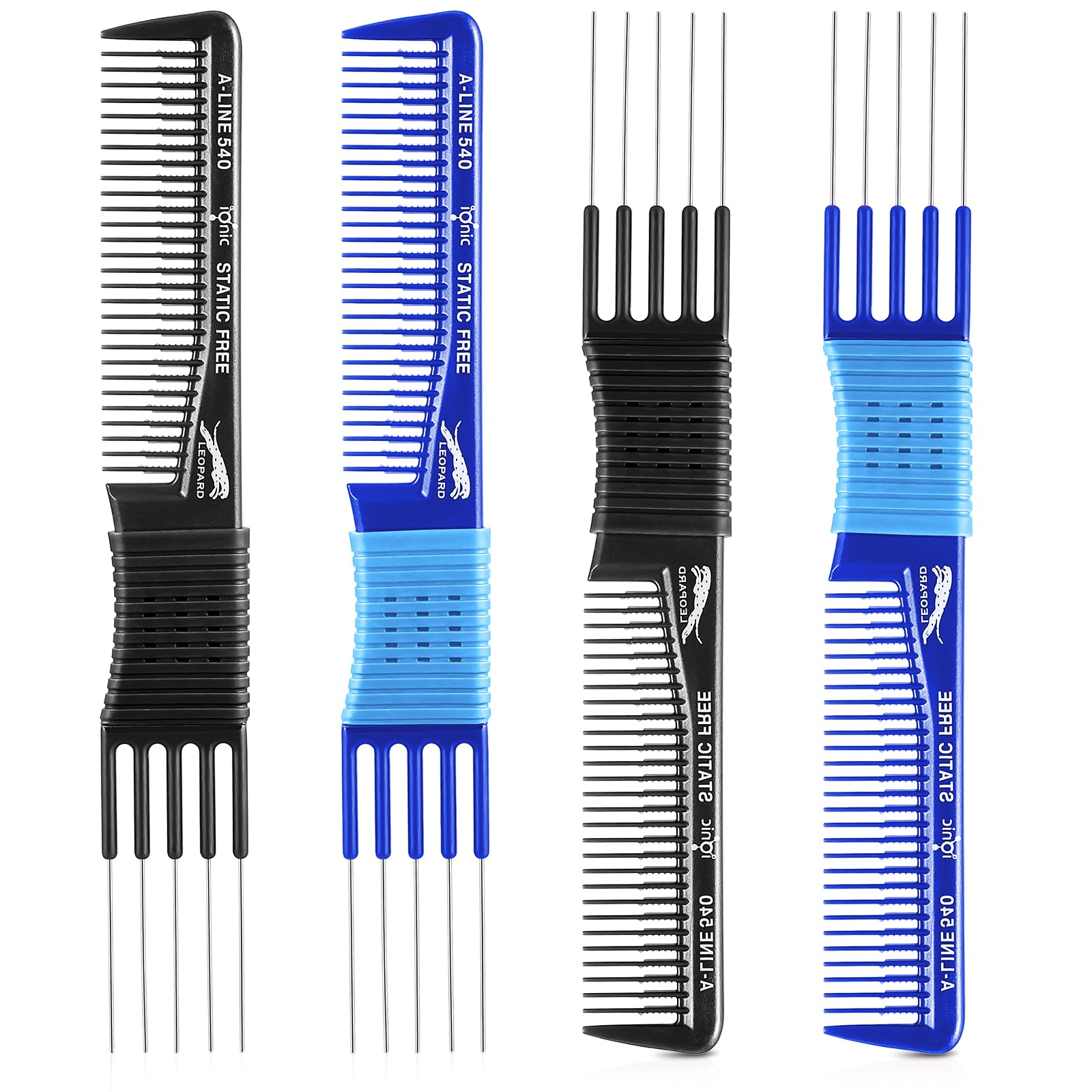 Patelai 4 Pcs Carbon Lift Teasing Comb with Metal Prong Lift Teasing Comb and Hair Pick Salon Fluffing with 5 Stainless Steel Pins for Women Hair(Black and Blue)