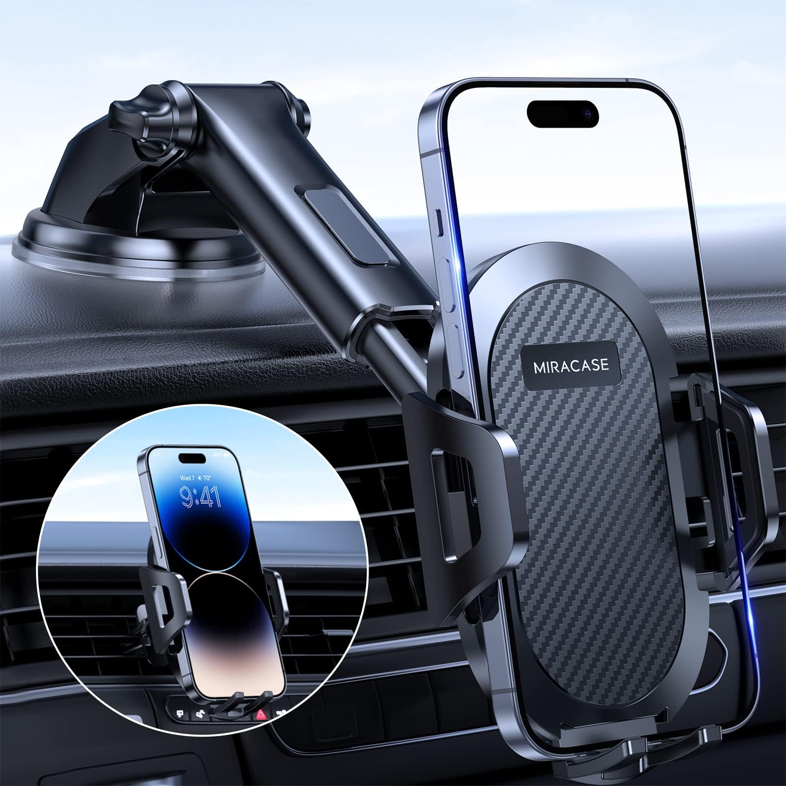 Miracase 【2023 New Generation】Car Phone Holder, Long Arm Phone Holder Car for Dashboard Windshield Air Vent【Heat-Resistant Strong Suction Cup】Car Mobile Holder Compatible with All Smartphones