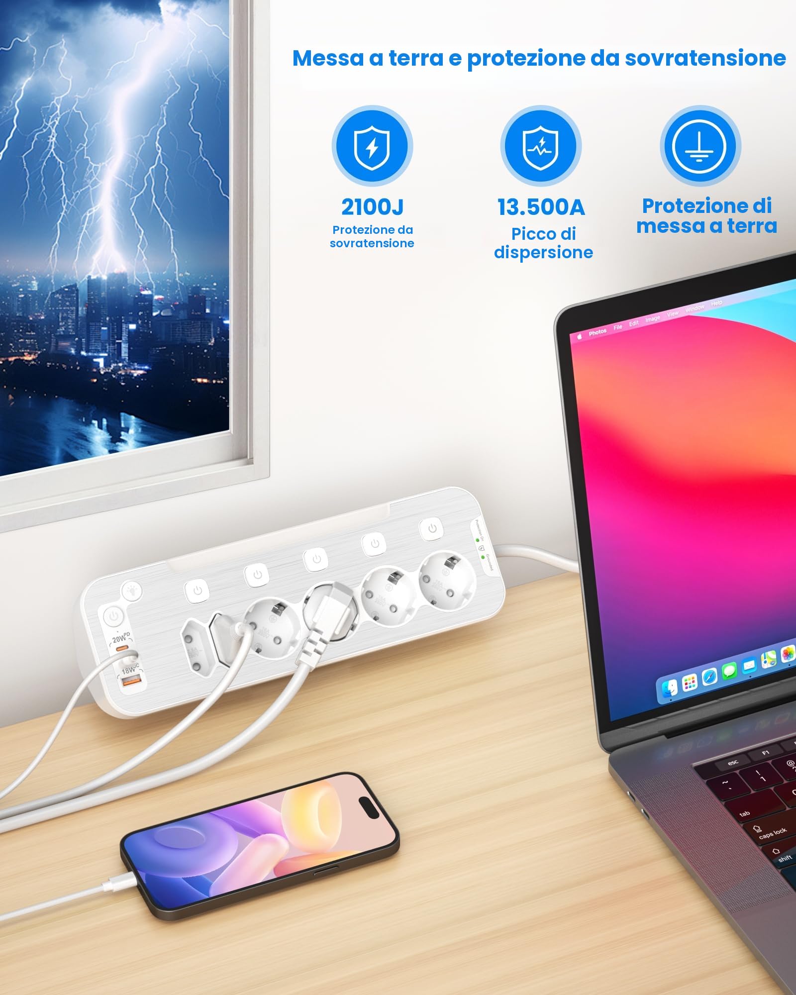 Ciabatta Multipresa da Scrivania,Multipresa Schuko Protezione Sovratensione | Presa Multipla Salvaspazio 6 Presa,Presa da Tavolo con USB C,Angolare Ciabatta Elettrica con Interruttore,Cavo 2 M,Bianco