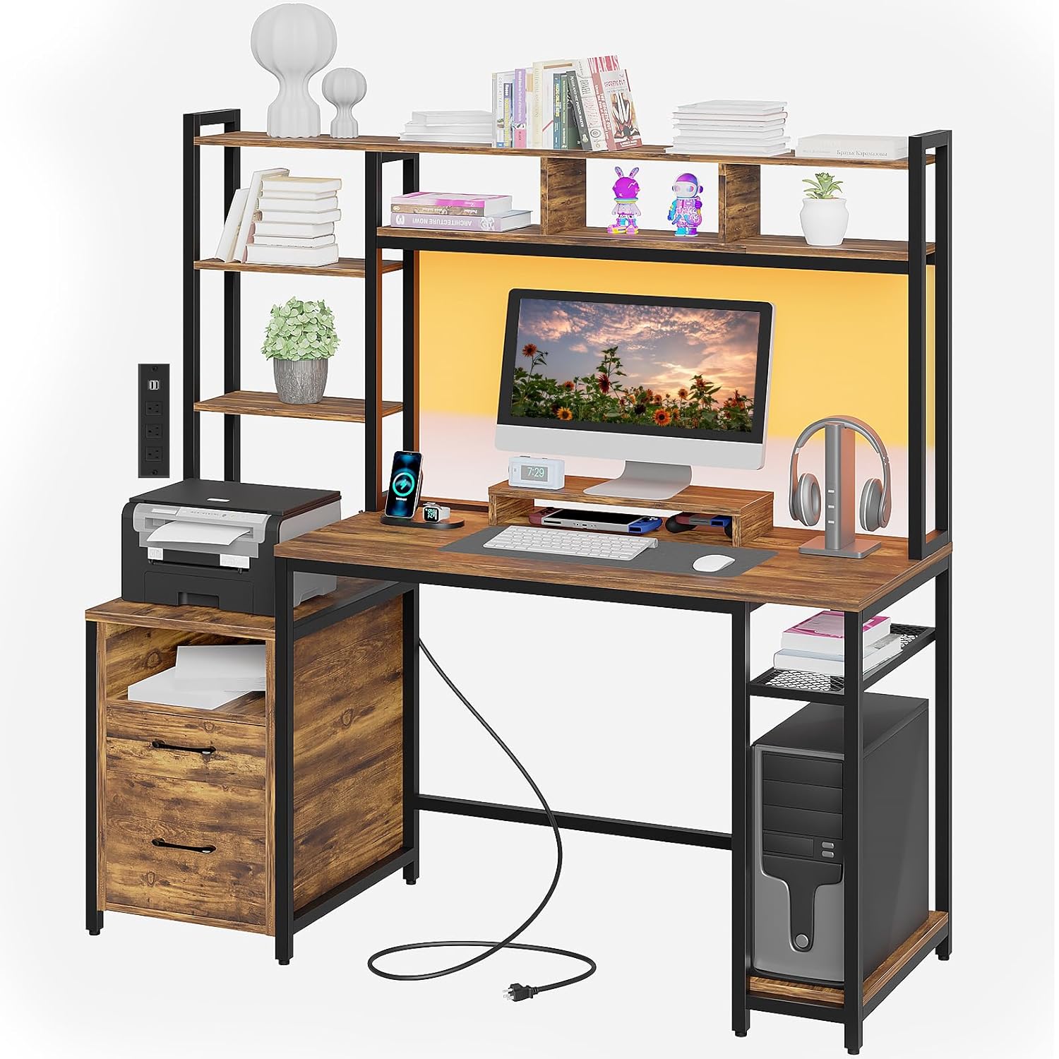 Computer Desk with Shelves and 2 Drawers, 59