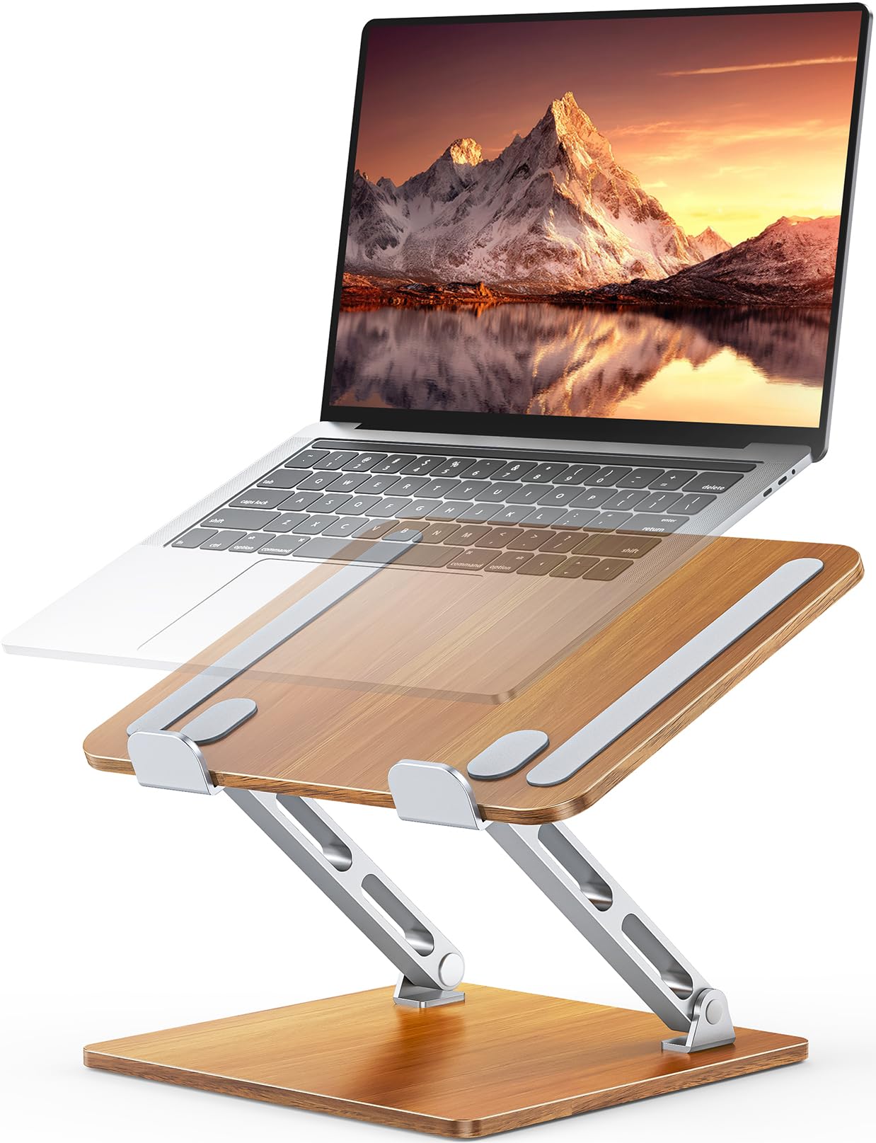 Ergonomic Laptop Stand Wood Aluminum Computer Stand with Adjustable Angle Foldable Dual-Bar Laptop Riser Holder Stand for Desk