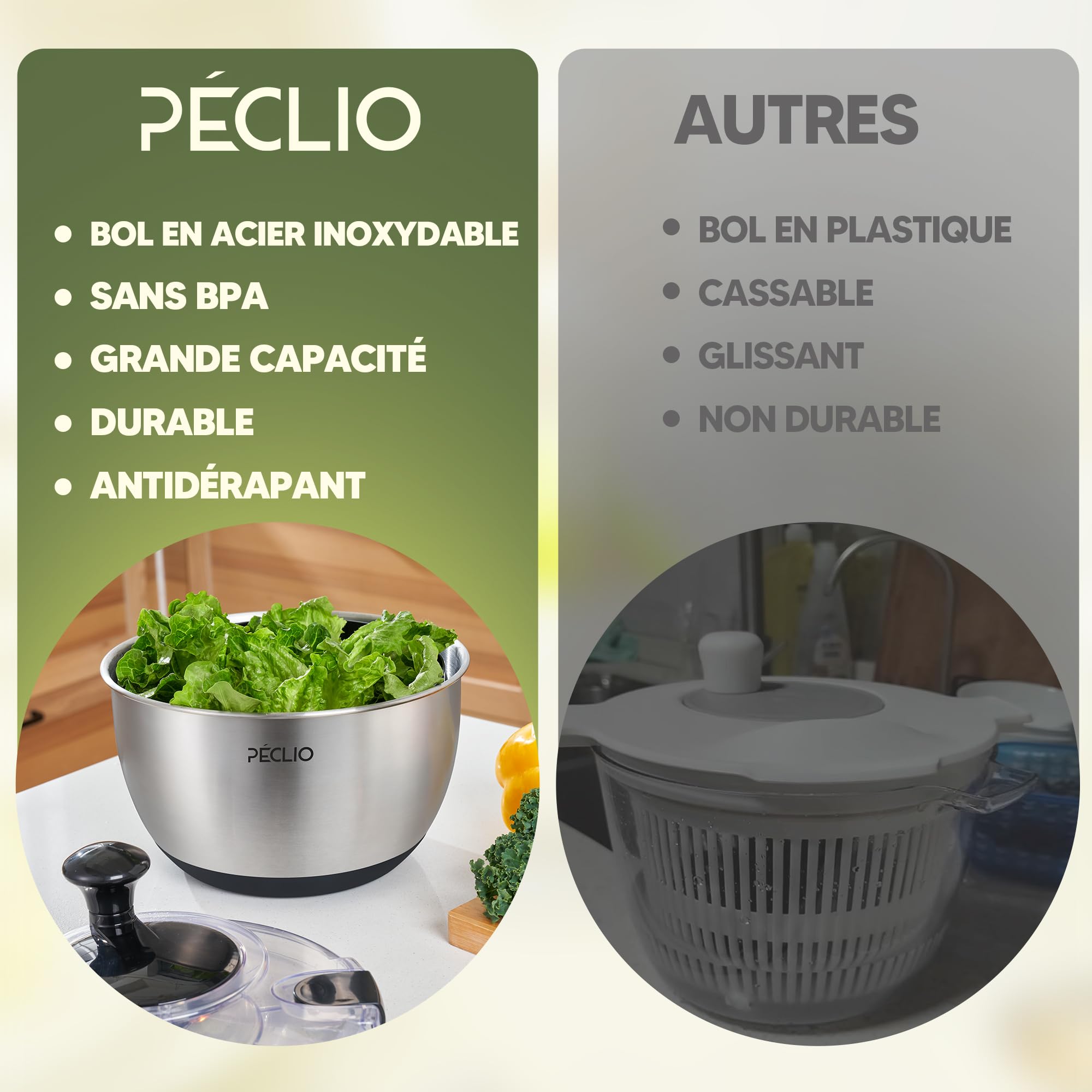 Grande Essoreuse à salade 4,5L en acier inoxydable 18/10 de haute qualité avec couvercle transparent, fond antidérapant - Salad Spinner avec mécanisme à manivelle - Sans BPA et passe au