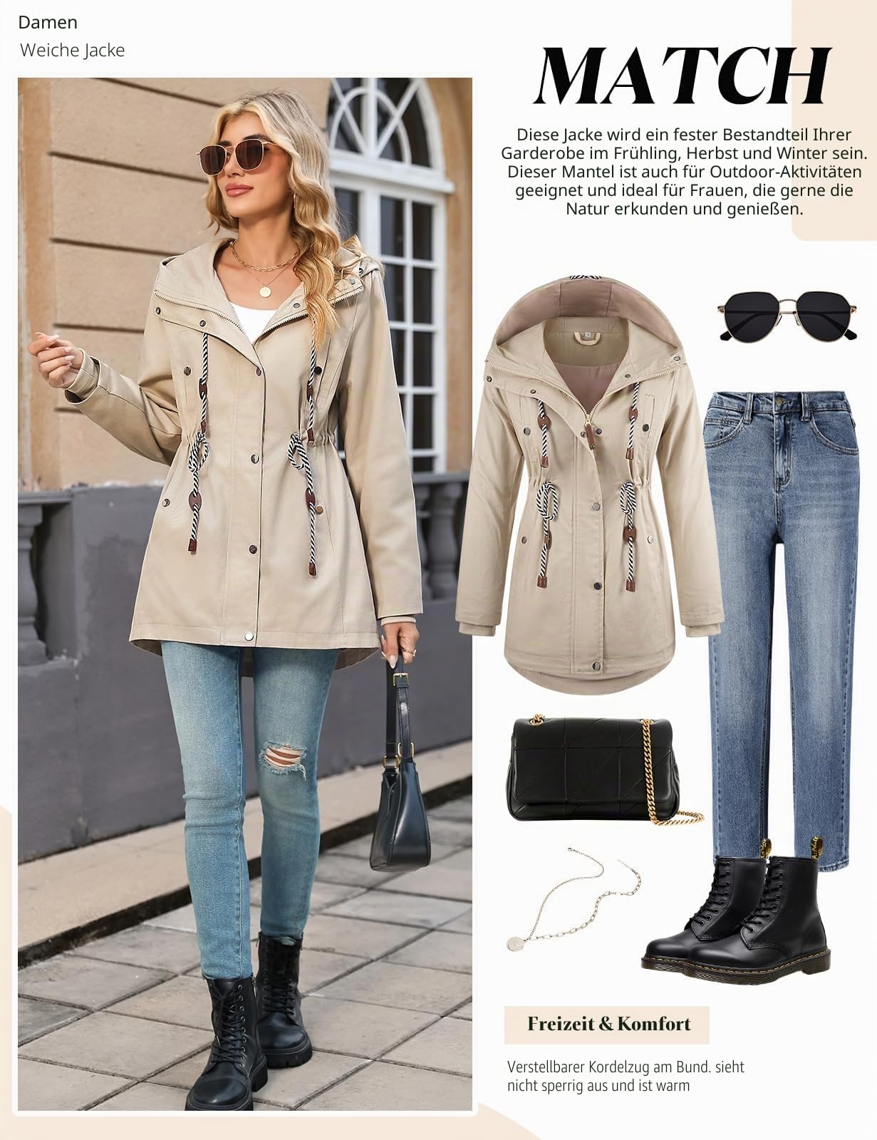 Yuson Girl Übergangsjacke Damen Lang Leichte Jacke mit Kapuze