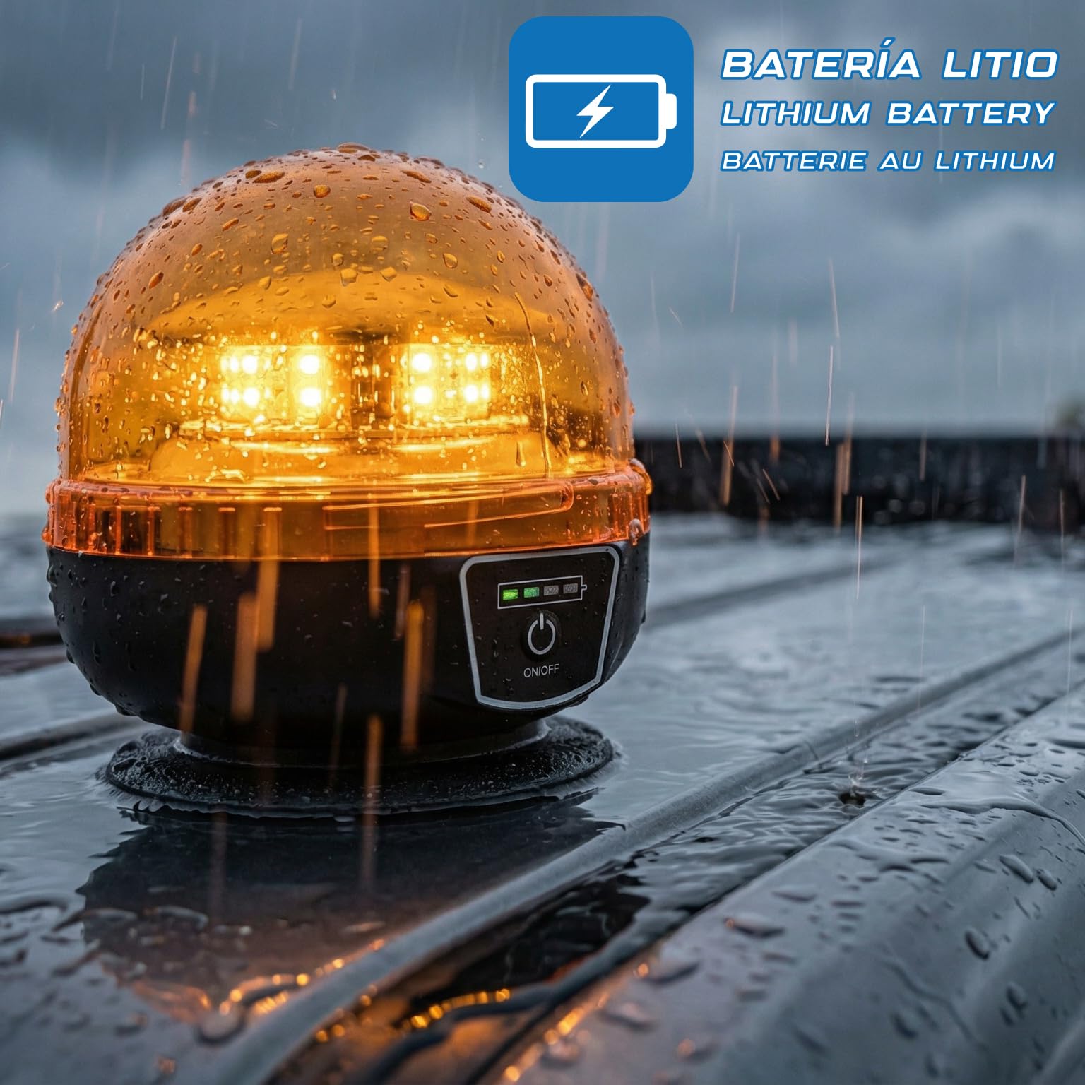 Rotativo LED Color Ámbar Batería litio Recargable, Homologado R65 18W - Autónomo, Luz Advertencia Coche Señalización, Tractor, Grúa, Vehículos Agrícolas y transporte emergencia y prioritario