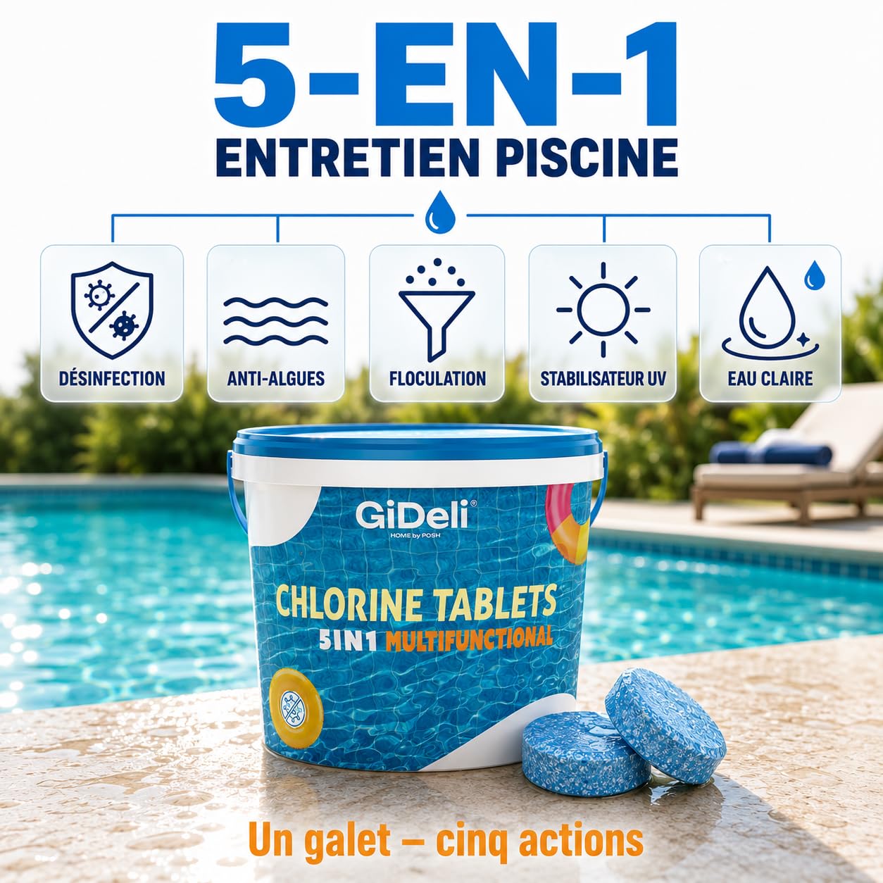 GiDeli Galets de Chlore Piscine Multifonction 5kg - Tablettes 200 g Longue Durée 4-en-1 - Anti-Algues, Stabilisé UV, Floculation - Hors-Sol, Tubulaire et Enterrée