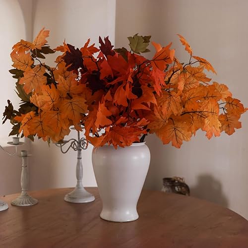 Miniatura 5 de MISSPIN Tallos artificiales de hojas de arce de otoño, 8 piezas de decoraciones de otoño para interiores y exteriores, Halloween, Acción de Gracias,